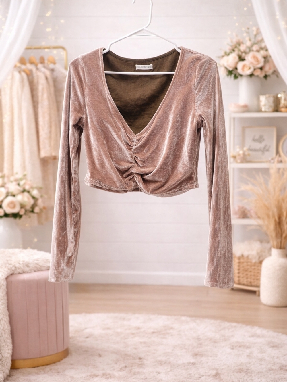 Urban Outfitters Medium Blush Velvet Ruched V-Neck Crop Top